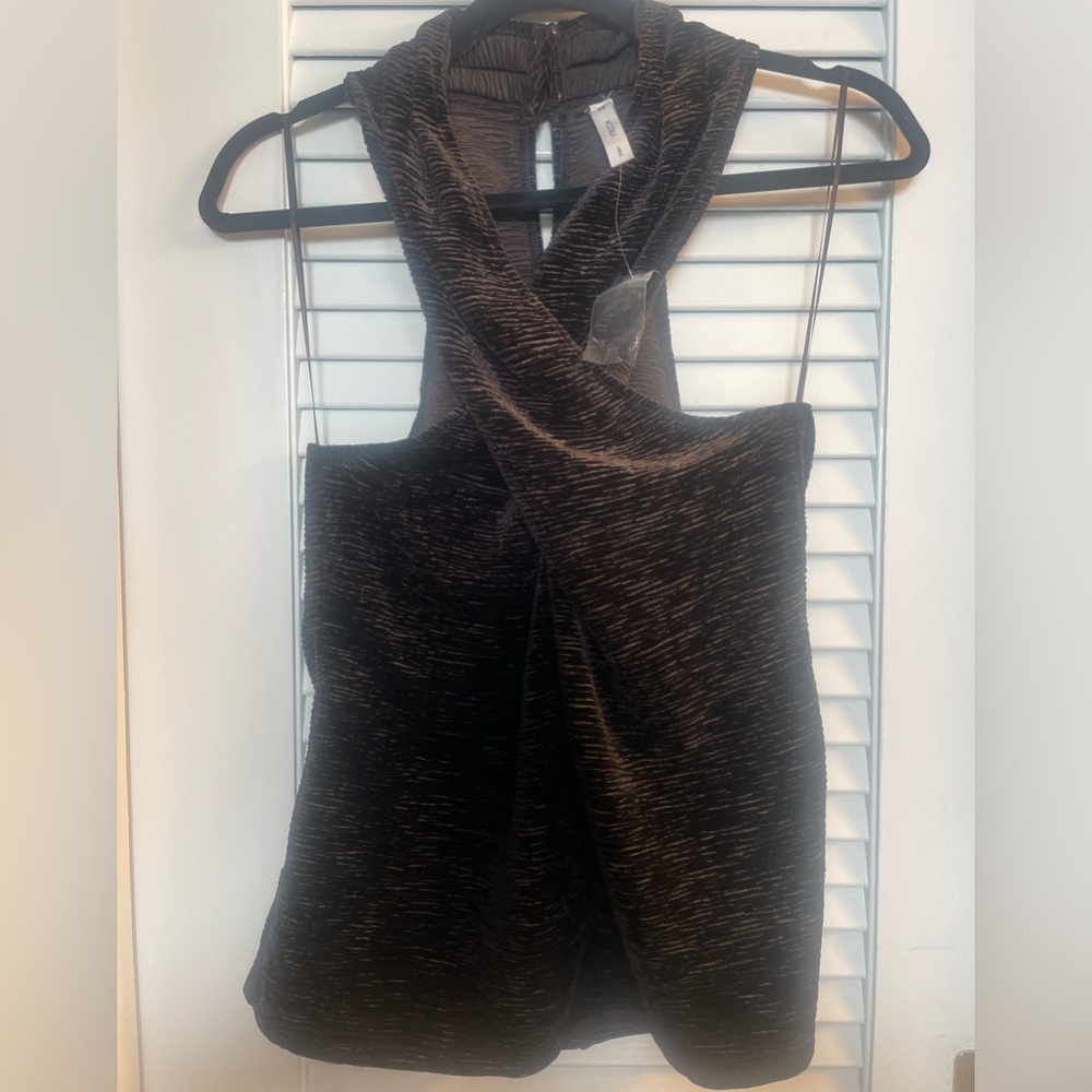 Acos&A NWT Wrap Front Textured Velvet Halter Blk/Brindle Size L Back Neck Button